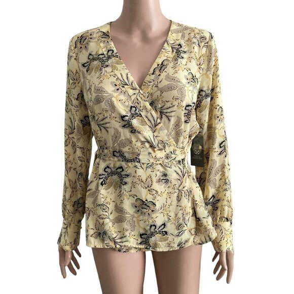 Vince Camuto Blouse Womens Small Yellow Floral Wrap New - Picture 1 of 12
